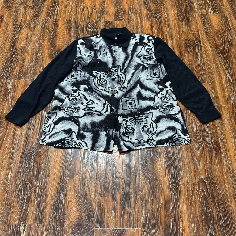 Diane Gilman Silk Tiger Sequin Blouse Black White Animal Print Long Sleeve M
